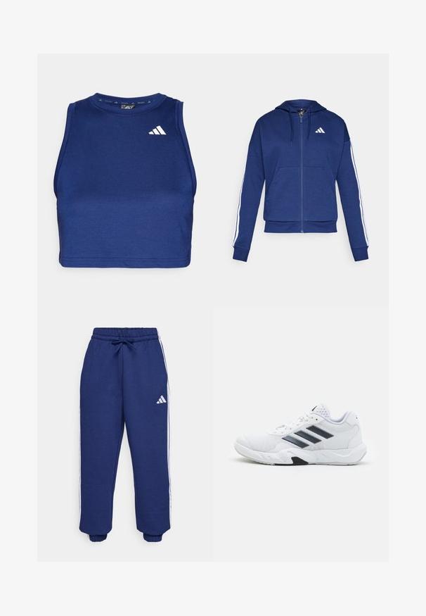 Navy zip-up hoodie made of soft fabric, featuring a front pocket, white stripes along sleeves, and a logo on the chest.; Navy blue sleeveless training crop top with a round neckline. Features smooth fabric and a white Adidas logo on the left chest area.; Navy athletic pants made of soft fabric, featuring white side stripes, elastic waistband with adjustable drawstring, and elastic cuffs.; White athletic shoe with mesh upper, three black stripes on the side, textured accents, and a sturdy rubber sole with a contrasting black section.
