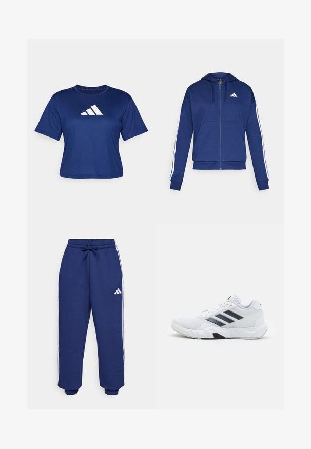 Marineblå hettejakke med glidelås laget av myk stoff, med en frontlomme, hvite striper langs ermene og en logo på brystet.; Marineblå trenings t-skjorte laget av lettstoff, med korte ermer og en hvit logo med tre diagonale striper på fronten.; Navy atletiske bukser laget av mykt stoff, med hvite sidestrekker, elastisk linning med justerbar snor og elastiske mansjetter.; Hvit sportsko med mesh-overdel, tre svarte striper på siden, teksturerte detaljer og en solid gummisåle med en kontrasterende svart seksjon.