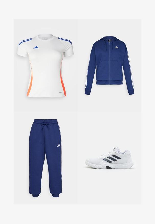 Sweatshirt navy com fecho, feito de tecido macio, com um bolso frontal, riscas brancas nas mangas e um logo no peito.; adidas Performance TIRO24 JERSEY - T-shirt desportiva - white/lucid blue/app solar red; Calças atléticas em azul-marinho, feitas de um tecido macio, com riscas brancas nas laterais, cintura elástica com cordão ajustável e punhos elásticos.; Tênis atlético branco com parte superior em malha, três listras pretas de cada lado, detalhes texturizados e uma sola de borracha resistente com uma seção preta contrastante.