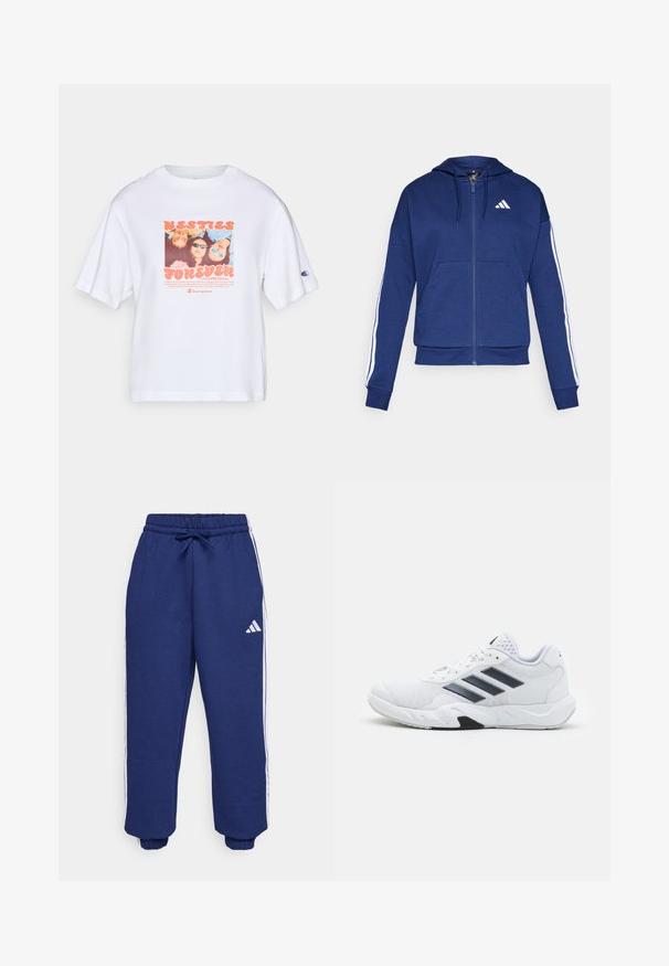 Navy zip-up hoodie made of soft fabric, featuring a front pocket, white stripes along sleeves, and a logo on the chest.; White short-sleeve T-shirt featuring a colorful photo graphic adorned with the text "BESTIES FOREVER," and a Champion logo on the sleeve.; Navy athletic pants made of soft fabric, featuring white side stripes, elastic waistband with adjustable drawstring, and elastic cuffs.; White athletic shoe with mesh upper, three black stripes on the side, textured accents, and a sturdy rubber sole with a contrasting black section.