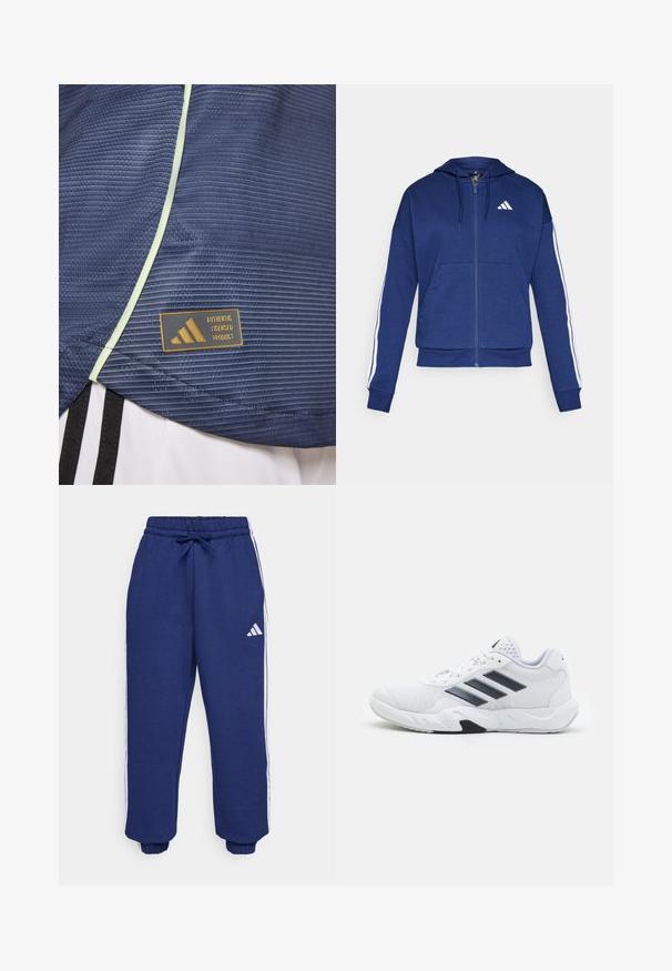 Námornícka zipová mikina vyrobená z mäkkej látky, s prednou vreckom, bielymi pruhmi pozdĺž rukávov a logom na hrudi.; Námornícky športový dres s textúrovaným vzorom, doplnený svetlozelenými lemovaním a označením produktu licencovaného spoločnosťou Adidas s zlatým logom.; Námorné športové nohavice vyrobené z jemného materiálu, s bielymi bočnými pruhmi, elastickým pásom s nastaviteľnou šnúrkou a elastickými manžetami.; Biele športové topánky s ventilovaným vrchom, tromi čiernymi pruhmi po stranách, textúrovanými akcentmi a pevným gumovým podošvom s kontrastnou čiernou časťou.