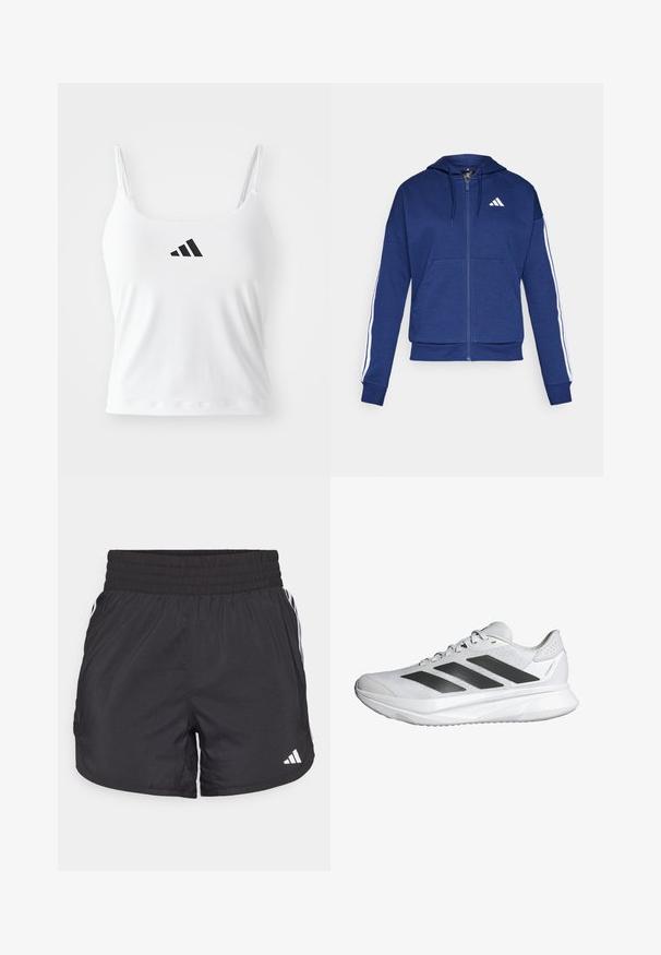 Navy zip-up hoodie made of soft fabric, featuring a front pocket, white stripes along sleeves, and a logo on the chest.; White tank top with thin straps, featuring a black adidas logo on the front. Fabric has a smooth texture and a fitted silhouette.; Black athletic shorts with an elastic waistband, side pockets, and white stripe accents on the sides. Made of lightweight material.; White athletic shoe with a breathable mesh upper, three black stripes, lightweight sole, and textured accents on the heel for support.
