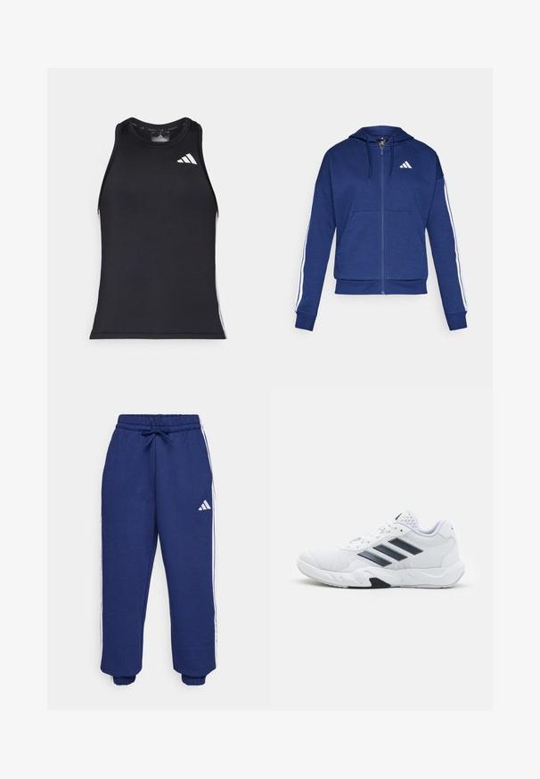 Mornarska zip-up dukserica od mekanog materijala, s prednjim dzepom, bijelim prugama duž rukava i logotipom na prsima.; Crni sportski top s prilagođenim dizajnom, izrađen od glatkog sintetičkog materijala, s bijelim Adidas logotipom i bočnim detaljima.; Mornarske sportske hlače izrađene od mekog materijala, s bijelim bočnim trakama, elastičnim pojasom s podesivom vezicom i elastičnim manžetama.; Bijela atletska cipela s mrežastim gornjim dijelom, tri crne pruge sa strane, strukturirani detalji i čvrst gumeni potplat s kontrastnim crnim dijelom.