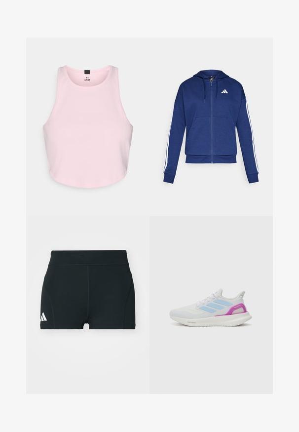 Námornícka zipová mikina vyrobená z mäkkej látky, s prednou vreckom, bielymi pruhmi pozdĺž rukávov a logom na hrudi.; Svetloružový crop top vyrobený z rebrovanej látky. Má okrúhly výstrih a bezramienkový dizajn, so zزا brižný lemom a bez zdobenia.; Čierne atletické šortky vyrobené z elastického materiálu, s vysokým pásom, priliehavým strihom a bielym logom Adidas na ľavej strane.; adidas Performance PUREBOOST 5 - Cestná bežecká obuv - white/glow blue/purple burst