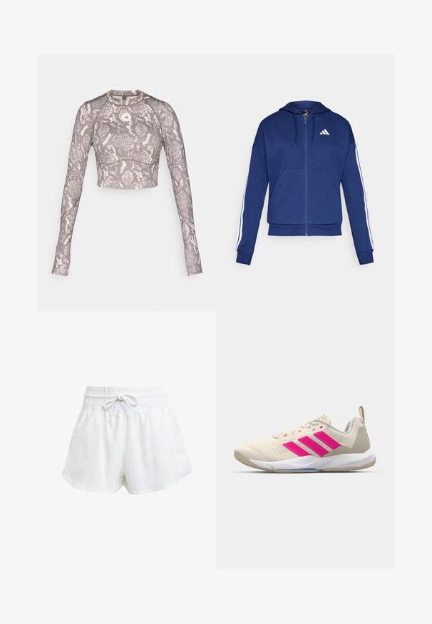 Mornarska zip-up dukserica od mekanog materijala, s prednjim dzepom, bijelim prugama duž rukava i logotipom na prsima.; Skraćeni dugi rukav majica u ljubičastom i krem uzorku zmije, s okruglim izrezom i glatkim rastezljivim materijalom.; Bijele atletske šorceve s elastičnom strukom i podešavanjem pomoću vezice. Napravljeni su od laganog materijala, imaju bočne džepove i širok kroj.; Bež sportska cipela s ružičastim logotipom u obliku tri pruge, gornjište od teksturirane mrežice, podstavljeni ovratnik i bijela gumena đon, s "LIGHTSTRIKE" brendom.