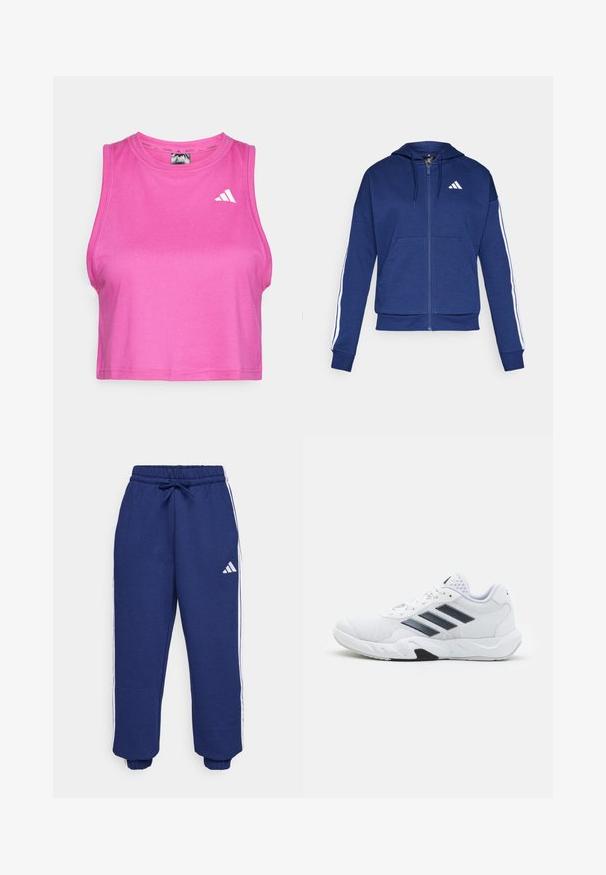 Jūras spēku pelēkais kapucis, kas izgatavots no mīkstas auduma, ar priekšējo kabatu, baltām svītrām gar piedurknēm un logo uz krūtīm.; Rozā sporta kreklis ar īsu piedurknēm, izgatavots no gludas, elastīgas auduma. Ar apaļu kakla izgriezumu un balto logotipu kreisajā krūšu daļā.; Jūras spēku sporta bikses, kas izgatavotas no mīksta auduma, ar baltām sānu svītrām, elastīgu jostu ar regulējamu šnoru un elastīgiem piedurkņu galiem.; Baltā sporta apavi ar sietu augšdaļu, trīs melnām svītrām sānos, teksturētām akcentiem un izturīgu gumijas zoli ar kontrastējošu melnu daļu.