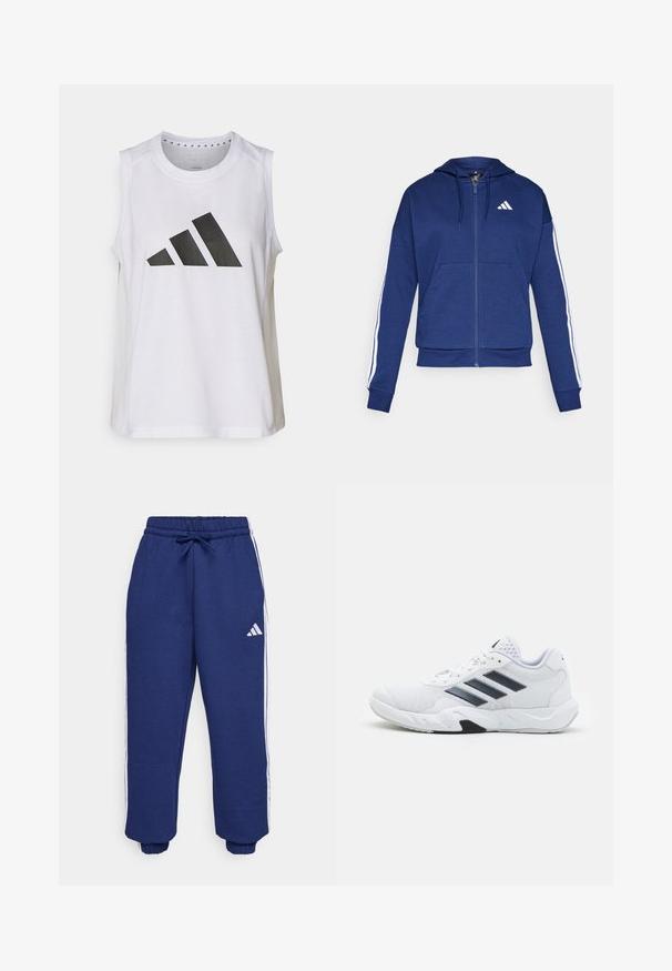 Navy zip-up hoodie made of soft fabric, featuring a front pocket, white stripes along sleeves, and a logo on the chest.; White sleeveless athletic top with round neckline, featuring a large black Adidas logo composed of three stripes on the front.; Navy athletic pants made of soft fabric, featuring white side stripes, elastic waistband with adjustable drawstring, and elastic cuffs.; White athletic shoe with mesh upper, three black stripes on the side, textured accents, and a sturdy rubber sole with a contrasting black section.