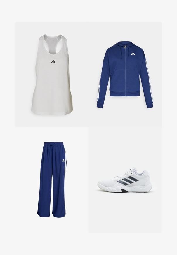 Felpa con zip blu navy realizzata in tessuto morbido, dotata di tasca frontale, strisce bianche lungo le maniche e logo sul petto.; Canottiera atletica bianca realizzata in tessuto leggero, con design a schiena scoperta e un piccolo logo nero sul petto.; Pantaloni sportivi blu navy con gamba larga, vita elasticizzata e strisce bianche sui lati. Presentano il logo Adidas sulla parte superiore sinistra.; Scarpa sportiva bianca con tomaia in mesh, tre strisce nere sui lati, dettagli testurizzati e una suola in gomma robusta con una sezione nera a contrasto.