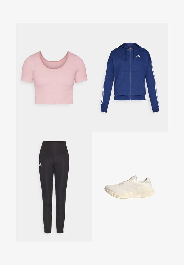 Sudadera con cremallera en color azul marino, hecha de tela suave, con un bolsillo frontal, rayas blancas a lo largo de las mangas y un logo en el pecho.; Top corto de manga corta acanalado en color rosa, con un escote redondeado y una silueta ajustada. Textura suave con un diseño limpio y sencillo.; Leggings negros de cintura alta hechos de tejido elástico. Presenta un logo blanco en el lado izquierdo y un diseño elegante y sin costuras. Textura suave.; Zapato deportivo beige claro con parte superior de malla, cordones planos y suela acolchada. Presenta un diseño de tres franjas en el lado lateral.