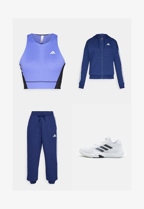 Tumed kapuutsiga jakki pehme kangaga, millel on eesmine tasku, valged triibud varrukatel ja logo rinnal.; Lilla sporditopp tekstuuriga pinnaga, mustade külgpaneelidega ja valge logoga vasakul rinnal. Spordiline disain ümarate kaelustega.; Tumed sportlikud püksid, mis on valmistatud pehmest kangast, valgete küljeribadega, elastse vöökoha ja reguleeritava nööriga ning elastsete mansettidega.; Valge spordijalats, millel on võrkpealne, kolm musta triipu küljepeal, tekstuuriga aktsendid ning tugev kummist tallaosa, millel on kontrastne must osa.