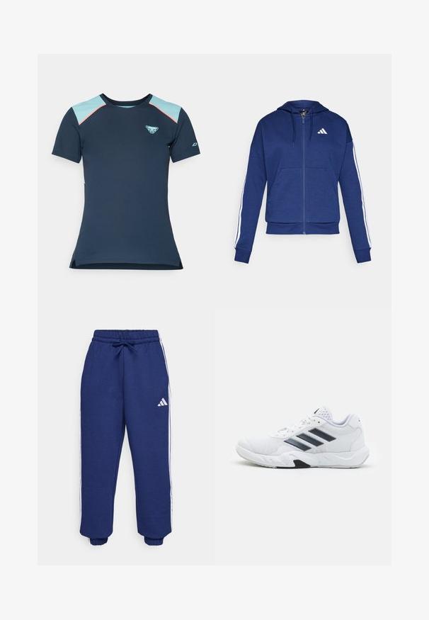 Tummansininen zip-up huppari, joka on valmistettu pehmeästä kankaasta. Hupparissa on etutasku, valkoiset raidat hihoissa ja logo rinnassa.; Navy blue urheilu t-paita, jossa on vaaleansiniset yksityiskohdat hartioissa, lyhyissä hihoissa ja rinta-logossa. Kevyt, kosteutta siirtävä kangas.; Meripaidat sinisessä sävyssä, valmistettu pehmeästä kankaasta, valkoisilla sivuviivoilla, joustavalla vyötäröllä, jossa on säädettävä nauha, ja joustavilla hihansuilla.; Valkoiset urheilukengät, joissa on verkkomateriaali päällisessä, kolme mustaa raitaa sivussa, teksturoidut yksityiskohdat ja kestävä kumipohja, jossa on kontrastina musta osa.