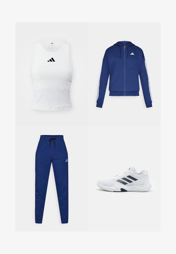 Navy zip-up hoodie made of soft fabric, featuring a front pocket, white stripes along sleeves, and a logo on the chest.; White athletic tank top with a fitted design, featuring a black Adidas logo centered on the chest and soft, moisture-wicking fabric.; Blue cotton joggers with an elastic waistband, adjustable black drawstring, and a small white logo on the left thigh. Fitted design.; White athletic shoe with mesh upper, three black stripes on the side, textured accents, and a sturdy rubber sole with a contrasting black section.