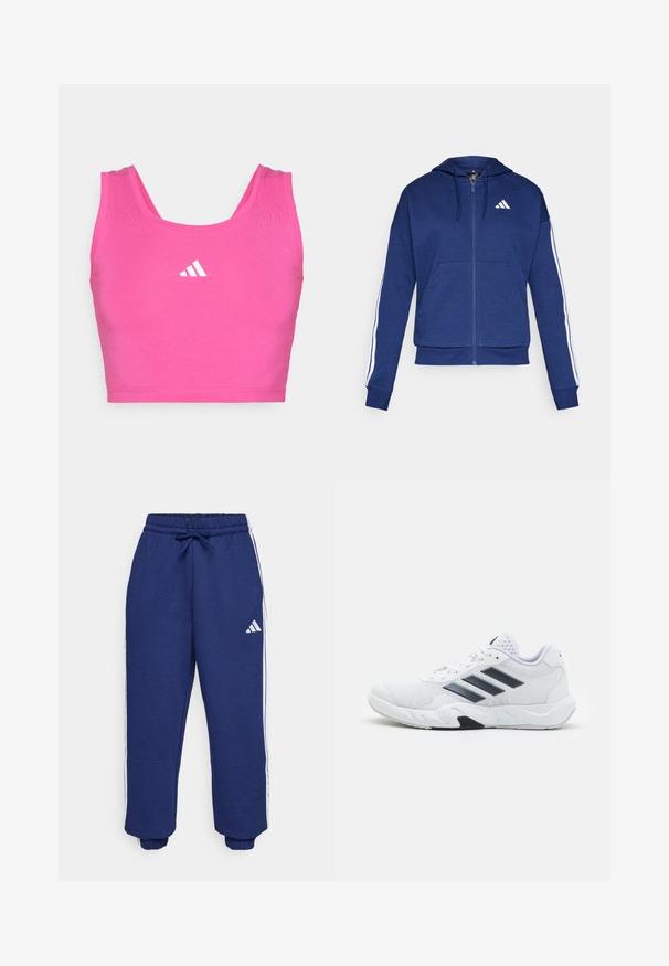Marinblå ziphoodie i mjukt tyg, med en framficka, vita ränder längs ärmarna och en logotyp på bröstet.; Rosa sportig crop top tillverkat av stretchigt tyg. Har en rundad halsringning och breda remmar. Inkluderar en vit Adidas-logotyp på framsidan.; Marina idrottsbyxor gjorda av mjukt tyg, med vita sidostripes, elastisk midja med justerbar dragningssnodd och elastiska muddar.; Vit sportskor med mesh-överdel, tre svarta ränder på sidan, texturerade detaljer och en stadig gummisula med en kontrasterande svart del.