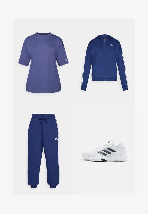 Tummansininen zip-up huppari, joka on valmistettu pehmeästä kankaasta. Hupparissa on etutasku, valkoiset raidat hihoissa ja logo rinnassa.; Violetti puuvillapusero, jossa on pyöreä kaula-aukko ja lyhyet hihat. Puserossa on pieni logo rinnassa ja logopainatus hihassa.; Meripaidat sinisessä sävyssä, valmistettu pehmeästä kankaasta, valkoisilla sivuviivoilla, joustavalla vyötäröllä, jossa on säädettävä nauha, ja joustavilla hihansuilla.; Valkoiset urheilukengät, joissa on verkkomateriaali päällisessä, kolme mustaa raitaa sivussa, teksturoidut yksityiskohdat ja kestävä kumipohja, jossa on kontrastina musta osa.