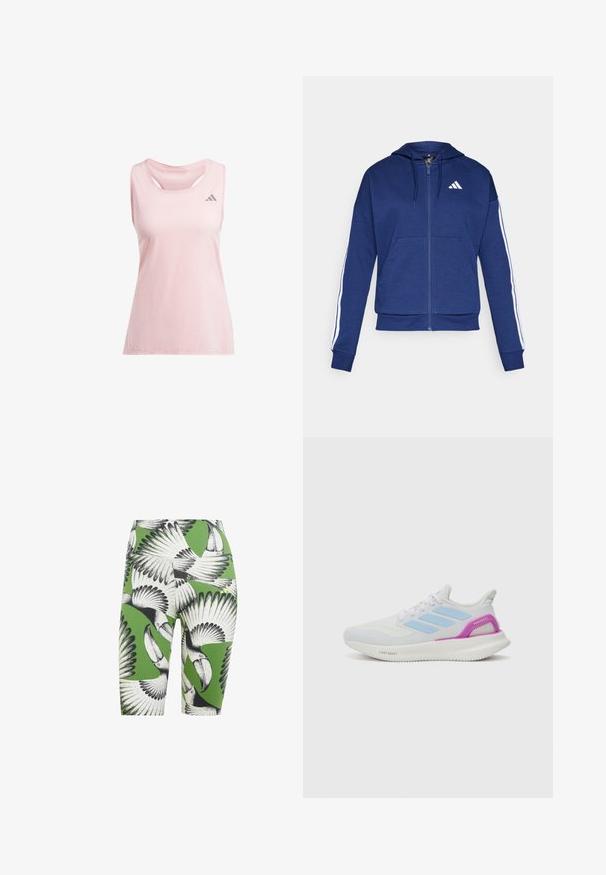 Tummansininen zip-up huppari, joka on valmistettu pehmeästä kankaasta. Hupparissa on etutasku, valkoiset raidat hihoissa ja logo rinnassa.; adidas Performance ADIZERO TANK - Toppi - semi pink spark; Vihreät pyöräilyshortsit, joissa on mustavalkoinen tukaani-kuosi. Materiaali on sileä ja istuu hyvin, ja shortsit ulottuvat keskireiteen.; adidas Performance PUREBOOST 5 - Katujuoksukengät - white/glow blue/purple burst
