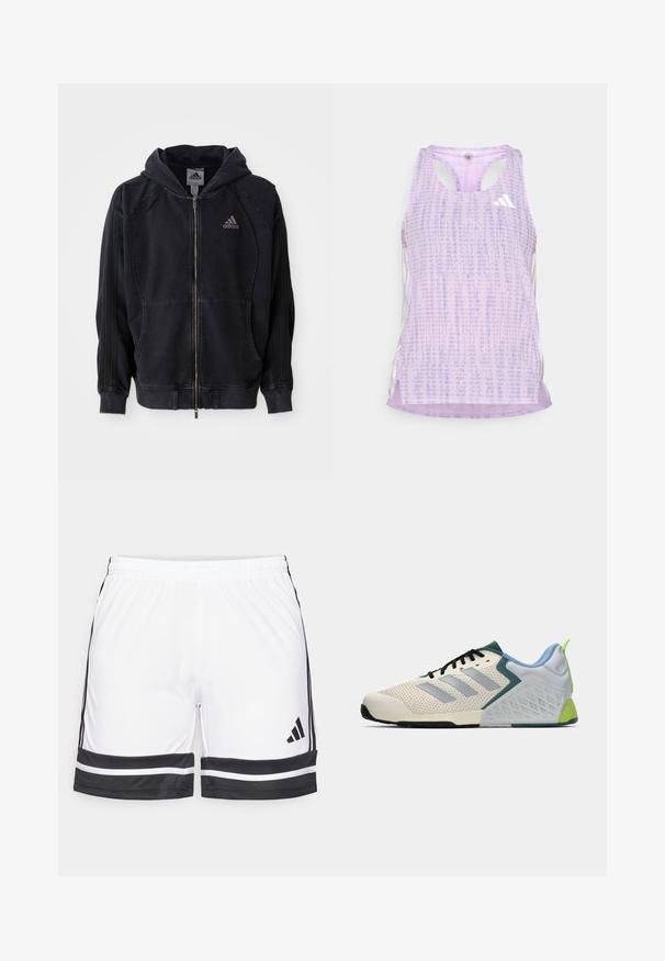 Černá mikina Adidas na zip s kapucí, předními kapsami, třemi pruhy na rukávech a logem Adidas na levé hrudi.; Fialový sportovní top bez rukávů s vzorovanou, texturovanou tkaninou. Má vykrojené strany a malé bílé logo na přední straně.; Bílé sportovní šortky s černými akcenty, které mají pružný pas a kontrastní černé pruhy podél spodního okraje a po stranách.; Lehké sportovní boty s krémovou síťovinovou svrchní částí, šedými pruhy, zeleným akcentem a texturovaným modrým patním kontrastem. Černé tkaničky.