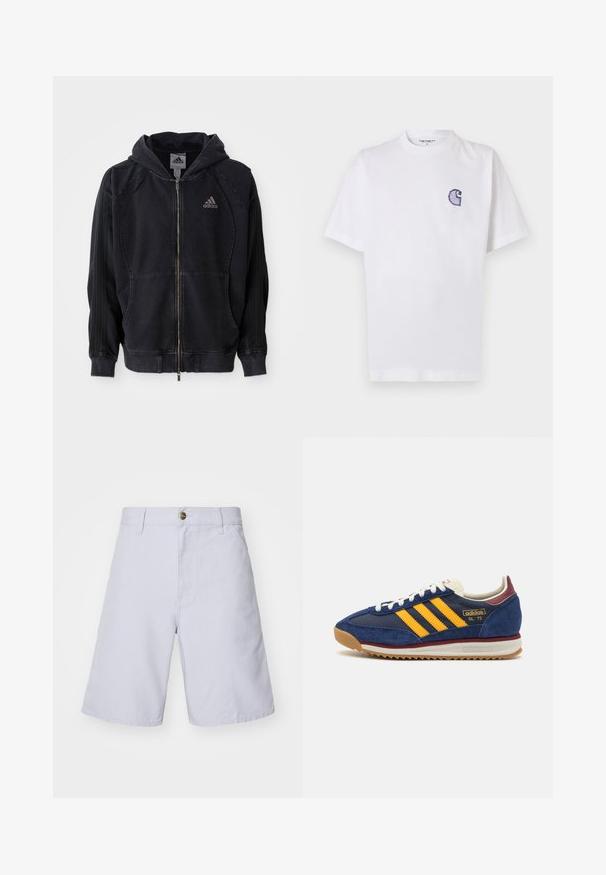 Sweat à zip noir d'Adidas avec capuche, poches avant, trois bandes sur les manches et logo Adidas sur la poitrine gauche.; T-shirt blanc en coton à manches courtes, col rond, avec un petit logo "C" bleu brodé sur la poitrine gauche.; Shorts en coton bleu clair avec fermeture à bouton, coupe droite, poches avant et texture lisse. Aucun motif ni accent visible.; Basket en velours marine avec des rayures jaunes, des lacets blancs et des accents bordeaux. Semelle texturée avec des rainures pour une adhérence optimale. Logo de la marque sur le côté.