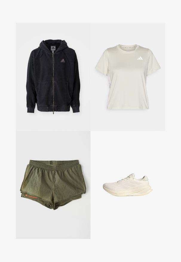 Zwarte Adidas met rits, hoodie met capuchon, voorzakken, drie strepen op de mouwen en het Adidas-logo op de linkerborst.; adidas Performance TRAIN ESSENTIALS 3STRIPES WORKOUT - Sport T-shirt - alumina/white; Olivengroene sportshorts met een elastische tailleband, binnenvoering, geperforeerde zijpanelen en een rode logoaccent.; Lichtbeige sportschoen met een bovenwerk van mesh, platte veters en een gevoerde zool. Heeft een ontwerp met drie strepen aan de zijkant.