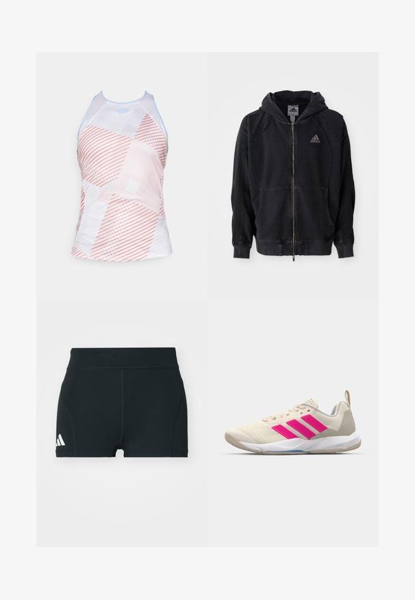 Fekete Adidas zipzáras kapucnis pulóver, elülső zsebekkel, a hüvelyen három csíkkal, és Adidas logóval a bal mellen.; Fehér sportos atléta póló geometrikus mintával korall, szürke és világoskék színben. Magas nyakkivágással és sportos szabással rendelkezik.; Fekete sportnadrág elasztikus anyagból, magas derékkal, testhezálló fazonban, bal oldalon fehér Adidas logóval.; Beige sportcipő rózsaszín háromsávos logóval, texturált hálós felső résszel, párnázott nyakkal és fehér gumitalppal, "LIGHTSTRIKE" márkajelzéssel.