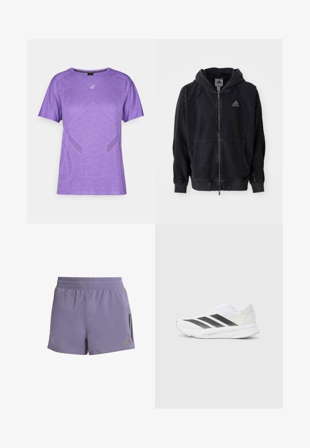 Czarna bluza na zamek Adidas z kapturem, kieszeniami z przodu, trzema paskami na rękawach oraz logo Adidas na lewej piersi.; Fioletowa koszulka sportowa z lekkiego materiału. Posiada siateczkowe wstawki i geometryczny wzór. Krótkie rękawy i okrągły dekolt.; Fioletowe spodenki sportowe z elastycznym pasem, dwiema bocznymi kieszeniami i kontrastującymi czarnymi akcentami z jednej strony. Gładki, lekki materiał.; Białe buty sportowe z czarnymi przekątnymi paskami, siateczkowa cholewka, zaokrąglony nos oraz teksturowana podeszwa. Akcenty obejmują srebrny obcas i minimalistyczny design.
