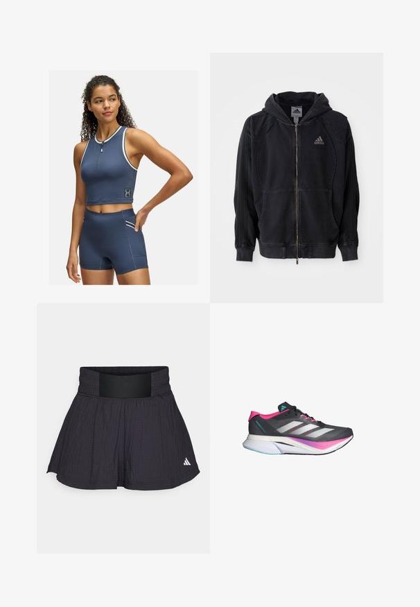 Schwarze Adidas Zip-Hoodie mit Kapuze, vorderen Taschen, drei Streifen an den Ärmeln und Adidas-Logo auf der linken Brust.; Marineblaues Sport-Crop-Top mit einem Reißverschluss vorne und weißen Akzenten; kombiniert mit hoch taillierten Shorts mit einer Seitentasche und passenden Details.; adidas Performance TENNIS PRO AEROREADY SEERSUCKER - Kurze Sporthose - black; Laufschuh mit einem grauen Mesh-Obermaterial, pinken Akzenten und weißen Streifen. Verfügt über eine gepolsterte Sohle und ein schlankes, aerodynamisches Design.