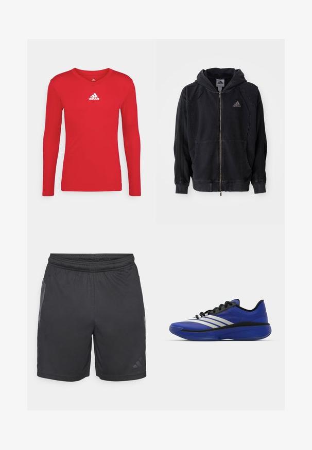 Melnā Adidas džemperis ar rāvējslēdzēju, ar kapuci, priekšējām kabatām, trīs svītrām uz piedurknēm un Adidas logotipu kreisajā krūtī.; Sarkanais garās piedurknes sporta krekliņš izgatavots no gludas, elastīgas auduma. Tam ir V veida kakla izgriezums un baltais Adidas logo uz krūšu daļas.; adidas Performance SEA SHORT - Sporta šorti - black; adidas Performance ADIZERO SELECT 3.0 - Basketbola apavi - lucid blue/core black/metallic
