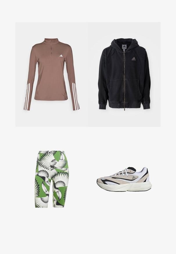 Černá mikina Adidas na zip s kapucí, předními kapsami, třemi pruhy na rukávech a logem Adidas na levé hrudi.; Hnědý atletický top s dlouhými rukávy a půl zipem, s bílými třemi proužky na rukávech a malým bílým logem na hrudi.; Zelené cyklistické šortky s černo-bílým potiskem tukana. Materiál má hladkou texturu, přiléhavý střih a délku do poloviny stehen.; Tenisky s vrchní částí z síťoviny a semiše v béžové a bílé barvě, s černými akcenty, silnou bílou mezipodešví a kulatými tkaničkami.