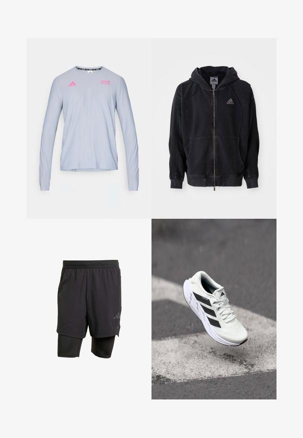 Moletom com fecho éclair da Adidas, na cor preta, com capuz, bolsos frontais, três riscas nas mangas e logotipo da Adidas no lado esquerdo do peito.; adidas Performance BER25 OTR LS TEE - Camisola de manga comprida - halo silver-coloured; Calções atléticos pretos com camada interior integrada, feitos de tecido respirável. Apresentam um logotipo subtil e textura estruturada. Cintura ajustável.; Shoe atlético branco com parte superior em malha texturizada, riscas pretas, fecho de atacadores e sola almofadada, a flutuar acima de uma superfície de estrada marcada.