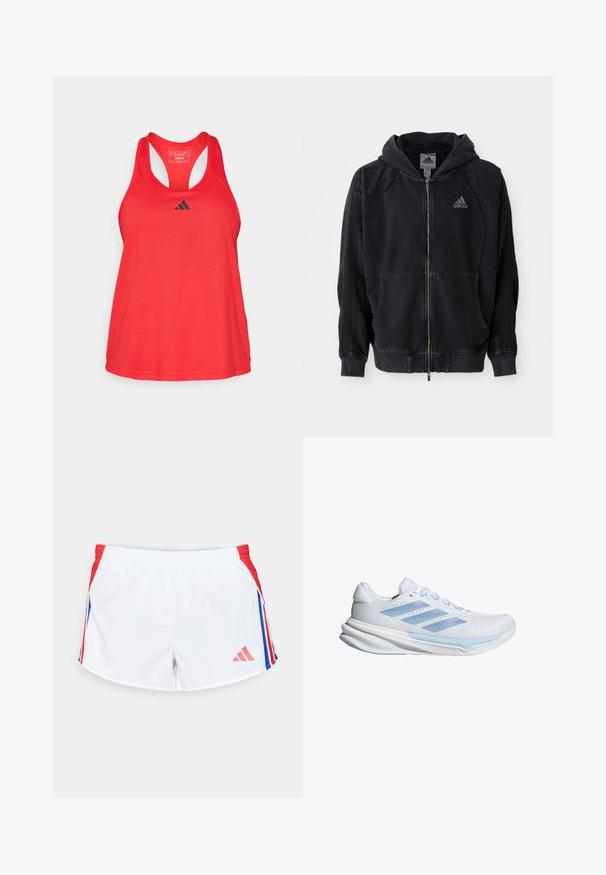 Zwarte Adidas met rits, hoodie met capuchon, voorzakken, drie strepen op de mouwen en het Adidas-logo op de linkerborst.; adidas Performance TRAIN ESSENTIALS MINIMAL BRANDING RACERBACK - Top - pure ruby/black; Witte sportschoenen met rode zijkanten en blauwe strepen. Elastische tailleband en logo aan de linkerbenedenkant. Gladde stoftextuur.; Witte hardloopschoenen met lichtblauwe accenten, ademend mesh bovenwerk, drie-stripes ontwerp, gevoerde zool en getextureerde tractiezool.