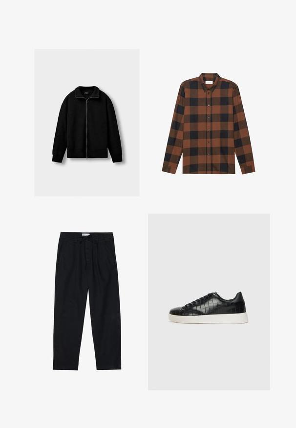 Black knitted zip-up jacket with long sleeves and ribbed collar, cuffs, and hem, displayed against a plain light gray background.; Brown and black checkered long-sleeve shirt made of fabric with a button-down collar and buttoned placket; features cuffed sleeves.; Pier One Chinos - black; Black sneakers featuring a textured croc-embossed leather upper, rounded toe, and a contrasting white rubber sole with a smooth finish.