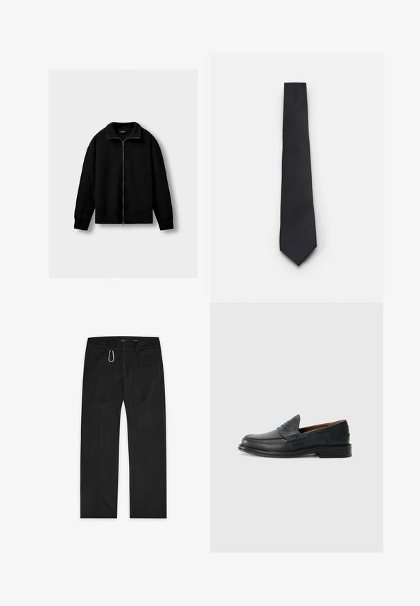 Juodas megzto užtrauktuko švarkas su ilgomis rankovėmis, raštuota apykakle, rankogaliais ir hemu, pateiktas prieš vienodą šviesiai pilką foną.; Balti ilgos rankovės marškiniai dviejuose paketuose, su mygtukų užsegimu, apykakle ir rankogaliais, pagaminti iš lygaus audinio be raštų.; Juodos kelnės, pagamintos iš audinio, su tiesaus kojos dizainu, dviem šoninėmis kišenėmis, priekiniu užtrauktuku ir išore stataus kilpos detale.; Juodos odinės laivelinės bateliai su siuvinėtu dizainu, apvalia nosimi, žemu sluoksniuota pakulne ir lengvu dėvėjimu. Sklandus paviršius su nežymiu blizgesiu.; Siaurukas juodas kaklaraištis su tekstūruota, įstrižine briaunų struktūra. Turėdamas smailą galą ir lygų paviršių. Tinka oficialiam apsirengimui.