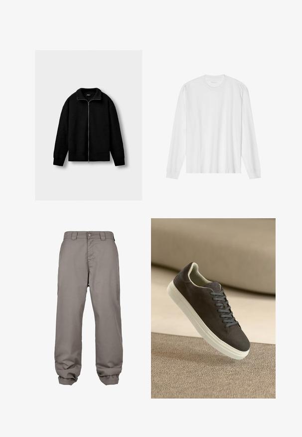 Mustmustri külmkapiga mustad kudumiga jakid, pikad varrukad ja ribitud krae, mansetid ja äär, esitatud heledal hallil taustal.; Pika, pikkide varrukatega valge puuvillane T-särk, millel on ümar kaelus ja soonikkoes mansetid. Lihtne, kaunistusteta disain, mis hõlmab siledat tekstuuri ja standardset sobivust.; Heledad hallid lõdva lõikega püksid, millel on sile esind, nupuga sulgemine, küljetaskud ja veidi kogutud varrukad vabaks siluetiks.; Tumehallid nahkkingad sobivate paeltega ja valge kummitald, asetatud tekstuurse beeži pinna kohal pehme taustaga.