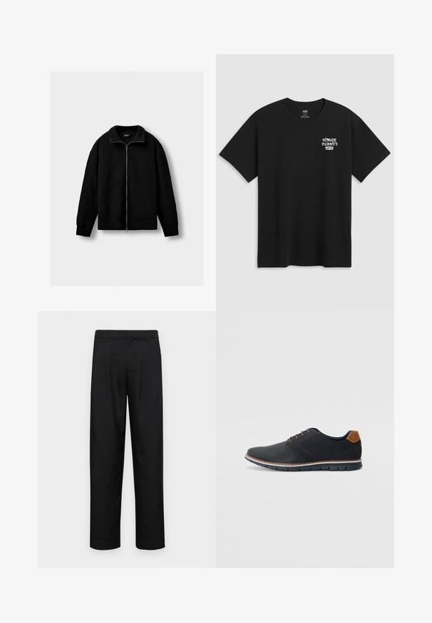 Black knitted zip-up jacket with long sleeves and ribbed collar, cuffs, and hem, displayed against a plain light gray background.; Black cotton t-shirt featuring a chest print that reads "HOUSE PLANTS" in white stylized font with "Levi's" below. Classic crew neckline.; Black trousers made of smooth fabric, featuring a straight-leg design, two front pleats, and standard waistband with belt loops.; Black synthetic shoes with a textured upper, smooth accents, brown heel, and a contrasting sole. Features minimal lacing and stitch details.