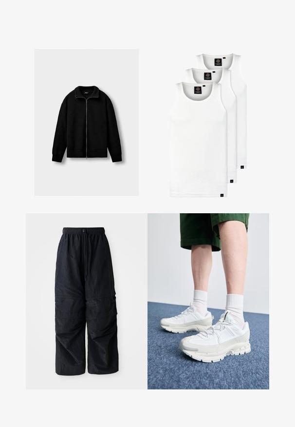 Musta neulevetoketjuhuppari pitkillä hihoilla sekä ribbaamalla viimeistellyillä kauluksella, hihansuilla ja helmalla. Taustalla on vaalea harmaa tausta.; Kolme valkoista ribbitekstiilistä toppia, jotka on valmistettu puuvillasta. Ominaisuuksiin kuuluu pyöreä pääntie ja pieni musta etiketti helman lähellä. Saatavilla useissa kooissa.; Kevyet mustat nailoniset cargo-housut, joissa on joustava vyötärö, säädettävä naru ja useita kerroksellisia taskuja jaloissa.; Valkoiset urheilukengät, joissa on tekstuuriset päällysteet, paksu pohja ja harmaat yksityiskohdat. Yhdistetty valkoisiin putkisukkiin ja vihreisiin shortseihin sinisellä pinnalla.