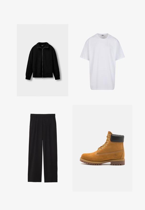 Crna pletena jakna na zip s dugim rukavima te rebrastim ovratnikom, manžetama i rubom, prikazana na jednostavnoj svijetlosivoj pozadini.; Bijela pamučna majica s kratkim rukavima, zaobljenim izrezom, opuštenog kroja, bez vidljivih logotipa ili uzoraka. Glatka tekstura i minimalni dizajn.; Crne široke hlače s nabranim prednjim dijelom, bočnim džepovima i glatkom teksturom tkanine. Dizajnirane za opušteni kroj.; Antracitne antilop čizme do gležnjeva s crnim podstavljenim ovratnikom, zlatnim metalnim rupicama, bijelim šavovima i robusnom gumenom potplatom s izraženim šarama.
