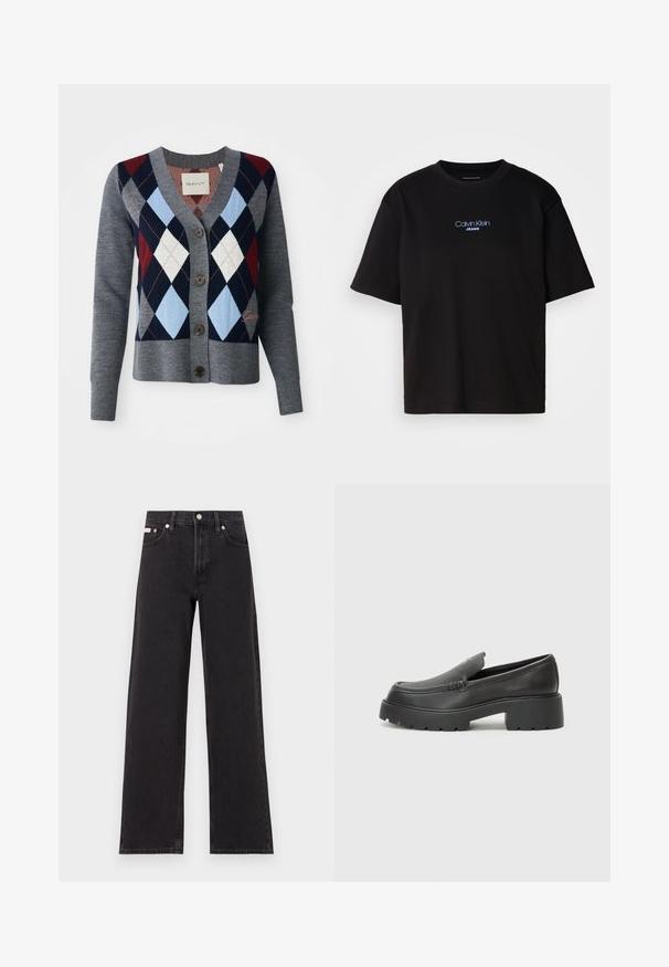 Pilkas susuktas kardiganas su V formos iškirpte, sagčių uždarymu ir argyle raštu raudonos, tamsiai mėlynos ir šviesiai mėlynos spalvų. Minkšta tekstūra su briaunuota apyvarde.; Juodas medvilnės marškinėliai su apykakle, trumpomis rankovėmis ir mėlynai siuvinėtu "Calvin Klein JEANS" logotipu priekyje.; Juodos plačios kojų džinsai, pagaminti iš džinsinio audinio, su aukštu liemeniu, penkių kišenių stiliumi ir metaline sagte su kontrastingo siuvimo detalėmis.; Juodi odiniai loaferiai su apvaliu pirštu, storu tekstūruotu padu ir minimaliu siūlių dekoru. Išskirtinis dizainas be matomų raištelių ar furnitūros.