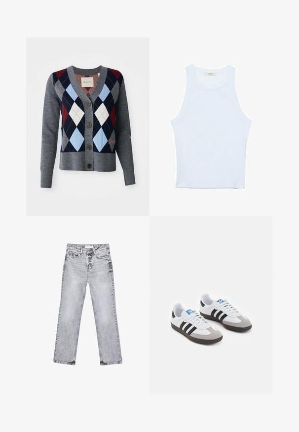 Grå stickad cardigan med V-urringning, knapppåsättning och ett argyle-mönster i röd, marinblå och ljusblå. Mjuk textur med ribbad nederkant.; Vit linne med ribbat mönster, rund halsringning, ärmlös design, figurnära passform, diskret logotyp på etiketten inuti halsringningen.; Grå denimjeans med rak benpassform, slitna detaljer, fem fickor och kopparnitar. Midjan har en logotagg.; Sportskor med överdel i vit läder, grå mocka på tårna och tre svarta ränder. Har en blå logotyp på tungan och en texturerad gummisula.