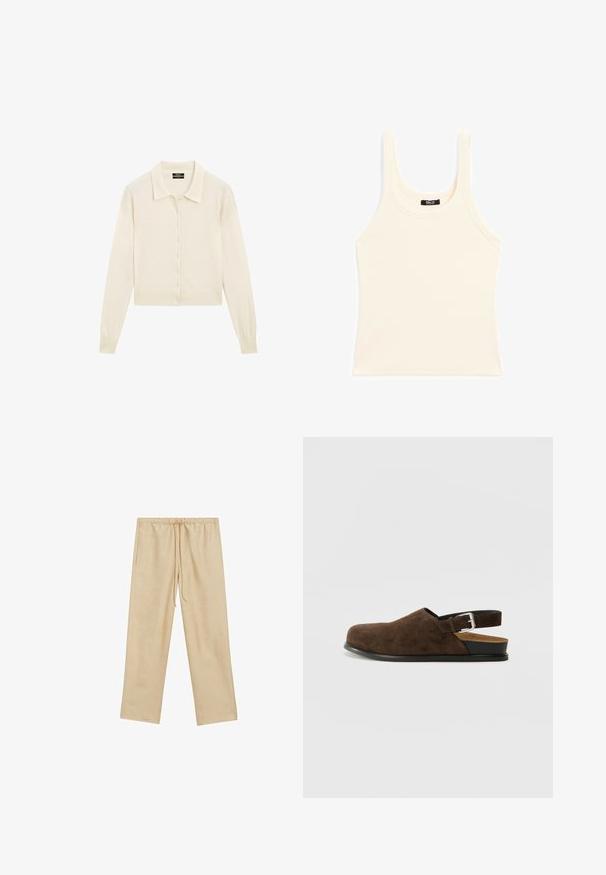 Cremfarbenes Strickjacke aus weichem Material, mit einem kragenförmigen Hals, Knopfleiste und langen Ärmeln mit eng anliegendem Bündchen. Kurz geschnittenes Design.; Hellbeige Trägershirt aus Rippenstoff mit rundem Ausschnitt und breiten Trägern, in schmaler Passform und mit minimaler Ausstattung.; Helle beige, locker sitzende Hose mit einem elastischen Bund und Kordelzug. Verfügt über zwei Seitentaschen und eine glatte Textur.; Braune Wildleder-Ballenrutscher mit niedrigem Absatz, verstellbarem Riemen mit silberner Schnalle und schwarzer Gummisohle.
