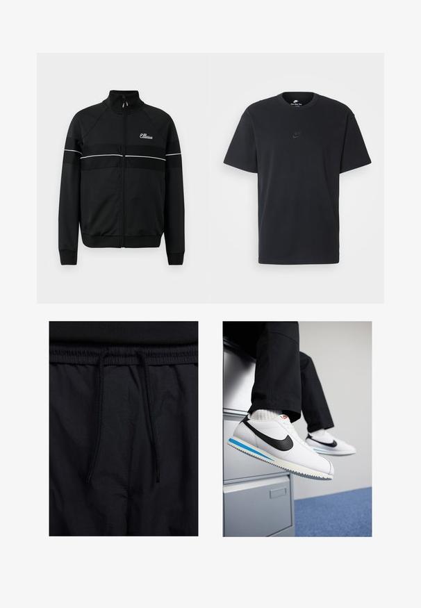 Črni tekaški jopič z visokim ovratnikom, sprednjim zadrgo in belimi poudarjenimi črtami čez prsi. Na levi strani je logotip.; Nike črna bombažna majica z klasičnim okroglim izrezom, kratkimi rokavi in subtilnim, vtisnjenim logotipom na prsih. Gladka tekstura.; Črne kratke hlače z vrvico v pasu, lahkotna tkanina z gladko teksturo in preprosto zasnovo brez vidnih logotipov ali vzorcev.; Bele usnjene teniske z črnim Nikeovim simbolom, svetlo modrim in sivo gumijastim podplatom ter klasičnim vezalnim dizajnom. Noge so poležane na omarici za dokumente.