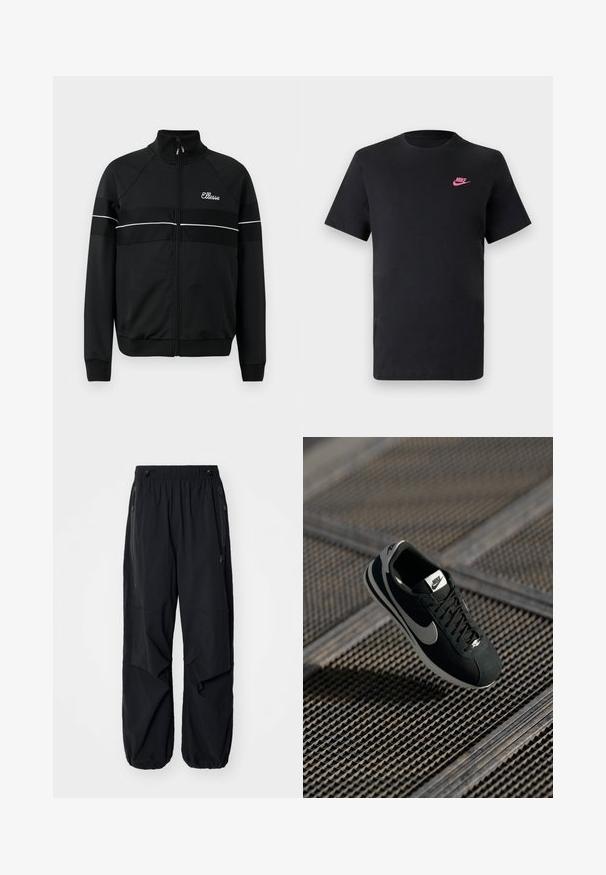 Svart treningjakke med høy krage, frontglidelås og hvite detaljer over brystet. Har logo på venstre side.; Svart bomull T-skjorte med rund hals og korte ermer. Har en rosa Nike-logo på øvre venstre side. Glatt tekstur.; Sorte lettvekts cargo-bukser i svart med elastisk midje, sidelommer med glidelås og romslige lommer. Har en løs passform og innsnørede mansjetter.; Sorte Nike-sneaker med grå detaljer, suede og mesh-materialer, teksturert såle, smal form og klassisk snøredesign.