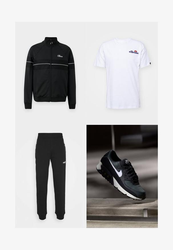 Svart treningjakke med høy krage, frontglidelås og hvite detaljer over brystet. Har logo på venstre side.; Hvit bomulls T-skjorte med korte ermer, med en marineblå brodert logo på venstre bryst og en livlig farge aksent over logoen.; Svarte joggebukser laget av mykt stoff har en innskrenket bendesign, elastisk midje, sidelommer med glidelås og en liten logoak accent.; Svart og grønn sneakers med et mønstret mesh-overdel, hvit swoosh-logo, polstret krage og en synlig luftdemping i sålen.