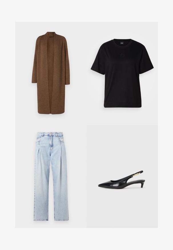 DRYKORN EILINA - Cardigan - brown; Svart bomull T-skjorte med rund hals, korte ermer og et brodert logo på brystet. Enkel, avslappet passform uten mønstre.; Lyseblå denimjeans med høy livlinje, vide ben, to sidelommer og plisserte detaljer. Myk tekstur med en falmet finish.; Sorte lærreim hæler med spiss tå, som har en slank hæl og en gullfarget detalj på den justerbare stroppen. Glatt tekstur.