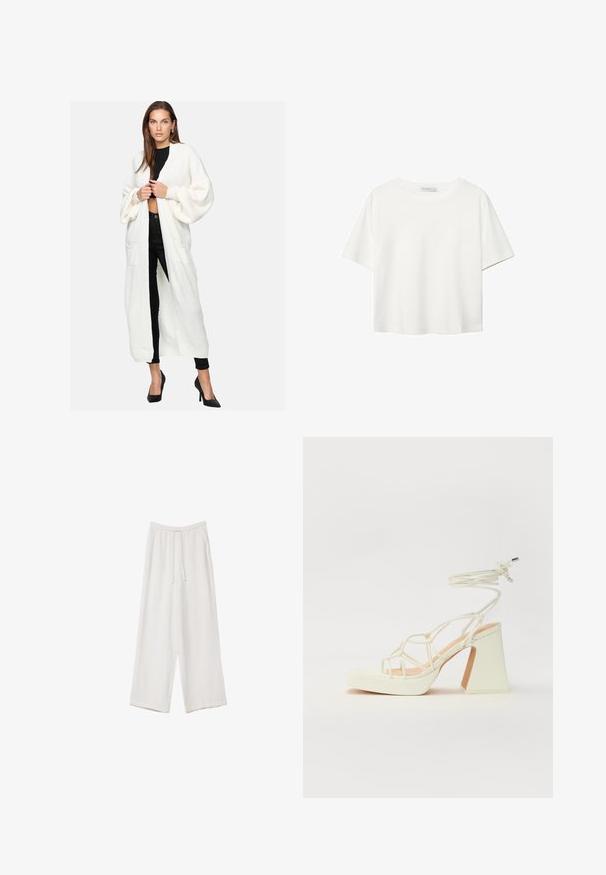 Elara Kofta - weiß; Vit t-shirt med kort ärm i bomull. Har en rundad halsringning och en avslappnad passform. Slät textur utan synliga mönster eller detaljer.; Vita vida byxor i vid passform gjorda av ett lättviktsmaterial. Har en elastisk midja med dragsko och sidofickor. Slät textur.; Vit högklackad sandal med en kraftig klack, med ett remdesign och ankelband. Slät textur med en plattform framtill för ökad höjd.