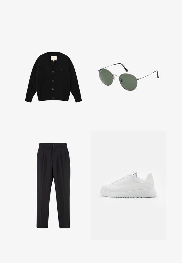 Cardigan nero a coste con scollo a V, cinque grandi bottoni e un piccolo logo decorativo sul lato sinistro del petto. Realizzato in materiale a maglia testurizzata.; Maglietta bianca in cotone con maniche corte, scollatura rotonda, vestibilità comoda e senza loghi o motivi visibili. Texture liscia e design minimale.; Pantaloni neri con design a pieghe sul davanti, realizzati in tessuto morbido. Presentano una chiusura con bottone e passanti per cintura; vestibilità a gamba dritta.; Sneaker bianco in pelle con chiusura a lacci, superficie testurizzata e una robusta suola in gomma bianca con un bordo seghettato per migliorare la presa.; Occhiali da sole con montatura in metallo e lenti verdi ovali. Montatura sottile in metallo argento e terminali neri. Design minimalista, senza loghi visibili.
