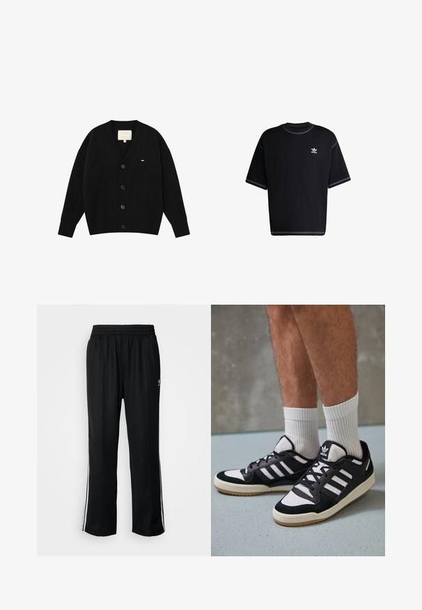 Black ribbed cardigan with a V-neck, five large buttons, and a small decorative logo on the left chest. Made from a textured knit material.; Black cotton t-shirt with short sleeves. Features a round neck and white stitching accents. Small white Adidas logo on the left chest.; Black athletic pants with an elastic waistband, featuring white side stripes and a small logo. Material appears soft and lightweight.; Black and white sneakers with a suede and leather upper, featuring three white stripes, a perforated toe, and a gum rubber sole.