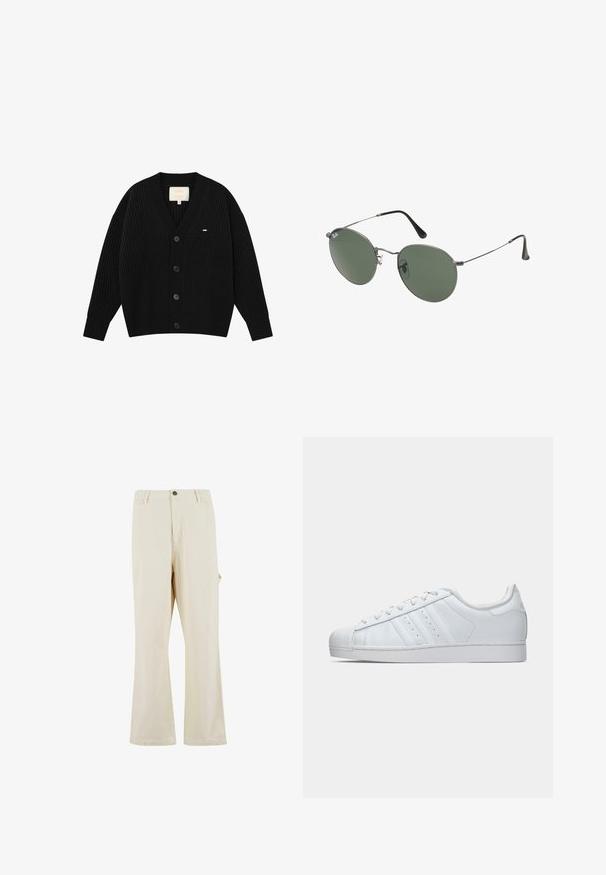 Čierny rebrovaný kardigán s výstrihom do V, piatimi veľkými gombíkmi a malou dekoratívnou logom na ľavej hrudi. Vyrobený z textúrovaného úpletu.; Čierne bavlnené tričko s výstrihom do okrúhla, krátkymi rukávmi a rovný lem. Hladká textura; jednoduchý, nezdobený dizajn.; Béžové nohavice s širokým strihom vyrobené z látky s prímesou bavlny s uzáverom na gombík. Obsahujú bočné vrecká a majú jemnú textúru. Viditeľné švy.; Biele kožené tenisky s textúrovanou gumovou špičkou, tromi postrannými pruhmi a polstrovaným golierom. Ploché biele šnúrky a minimalistický dizajn.; Sunglass s metalovým rámom s oválnymi zelenými šošovkami. Tenký strieborný kovový rám a čierne štuple za uši. Minimalistický dizajn, bez viditeľných log.