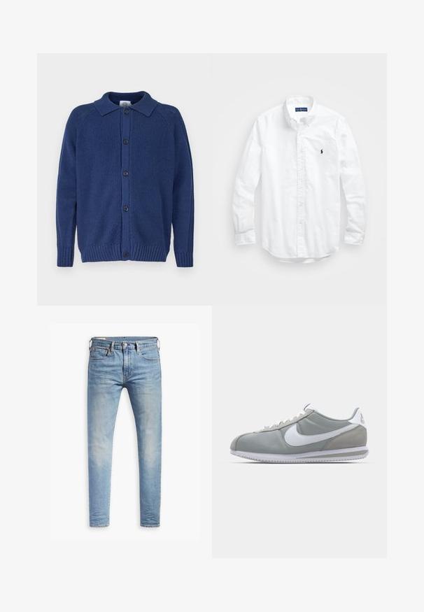 Sinnittuja laivastonsinisiä neuletakkeja, jossa on kauluksellinen neckline, napitus, ribatut hihansuut ja helma, sekä teksturoitu kangas ja raglan-hihat.; Valkoinen pitkähihaisessa napitetussa paidassa, joka on valmistettu puuvillasta. Siinä on klassinen kaulus, napilliset hihansuut ja pieni tummansininen brodeerattu logo rinnassa.; Vaaleansiniset slim fit -farkut, joissa on hieman haalistumista reiden kohdalla, edessä nappisuljenta, vyölenkit ja viisi taskua valkoista taustaa vasten.; Harmaa urheilujalkine, jossa on mokka- ja tekstiilipäällinen, valkoinen Nike-tikkukiinnitys ja valkoiset nauhat. Varusteena on kuvioitu kumipohja ja pehmustettu nilkkaosa.