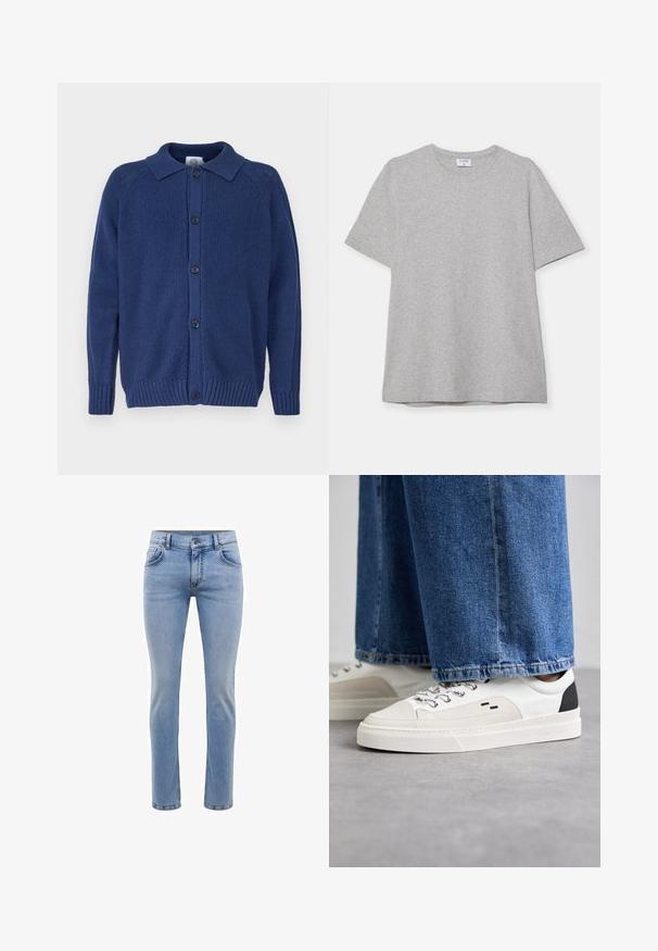 Strikket marineblå cardigan med krage, knappelukking, ribbestrikkede mansjetter og fald, med teksturert stoff og raglanermer.; Grå kortermet T-skjorte laget av myk, teksturert stoff. Har en klassisk rund hals og en rett kant, passende for uformell bruk.; Lyseblå denimjeans med slim fit, fem lommer og rett bendesign. Har glidelås og beltehemper. Myk tekstur.; Hvite og svarte joggesko med en glatt læroverdel, teksturerte detaljer og en kraftig hvit såle. Har en klassisk snøring.