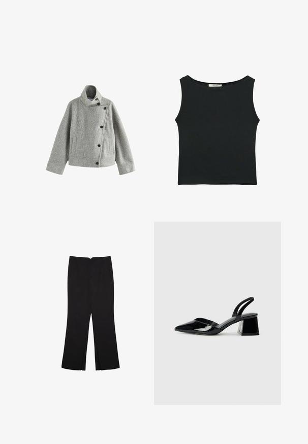 Grau Wolle Jacke mit hohem Kragen, diagonaler Vorderseite und fünf schwarzen Knöpfen. Verfügt über Seitentaschen und strukturierte Nähte.; Schwarzes ärmelloses Oberteil aus glattem Stoff, mit einem runden Ausschnitt und einer figurbetonten Passform, ohne sichtbare Muster oder Verzierungen.; Schwarze Hose mit geradem Schnitt, ausgestattet mit Fronttaschen und Seitenschlitzen am Saum. Hergestellt aus weichem, glattem Stoff. Geeignet für verschiedene Anlässe.; Schwarze Lackleder-Slingback-High Heels mit spitzem Schuh und einem geometrischen Blockabsatz. Verfügt über ein schlankes, minimalistisches Design und eine glatte Textur.