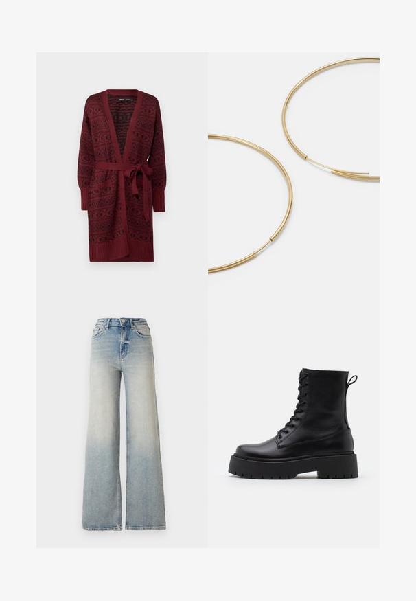 Burgundijas krāsas adīts kardigāns ar teksturētu rakstu, atvērtu priekšpusi, garām piedurknēm un atbilstošu jostu viduklī.; Melnas garām piedurknēm tops, izgatavots no gludas auduma, ar apaļu apkakli un savielkumiem plecu un aproču daļās.; Gai zilu platā kāja džinsi, kas izgatavoti no denima, ar augstu jostasvietu, piecām kabatām un redzamu dūrienu gar šuvēm.; Melni ādas potītēm zābaki ar apļveida purngalu, auklām priekšpusē un biezu gumijas zoli ar teksturētu protektoru. Velkšanas cilpa aizmugurē.; Zelta krāsas auskari gredzena formā, plāni un apaļi, ar gludu metāla apdari un bez rotājumiem vai zīmējumiem.